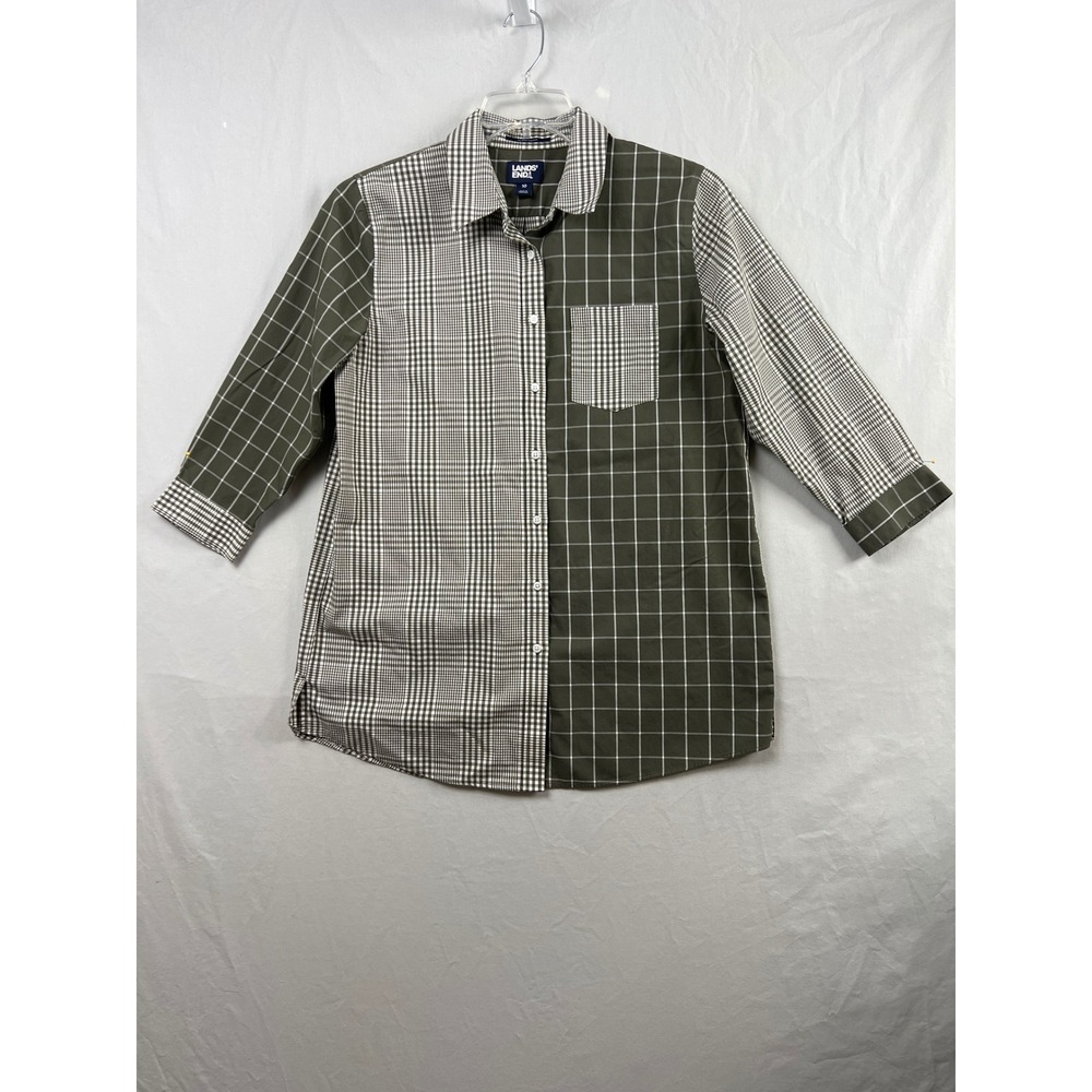 Lands' End Button Up Shirt Womens 10 Green Mixed Plaid No Iron Supima Cotton
